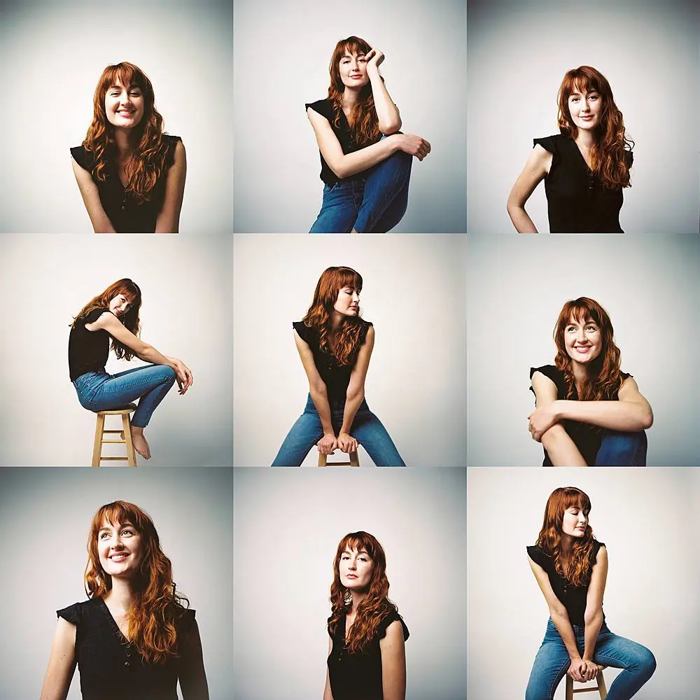 Collage of woman posing in different seated positions: A series of nine images featuring a red-haired woman sitting on a stool and posing in various positions. She is dressed in a black sleeveless top and blue jeans, smiling and expressing different moods against a neutral backdrop.