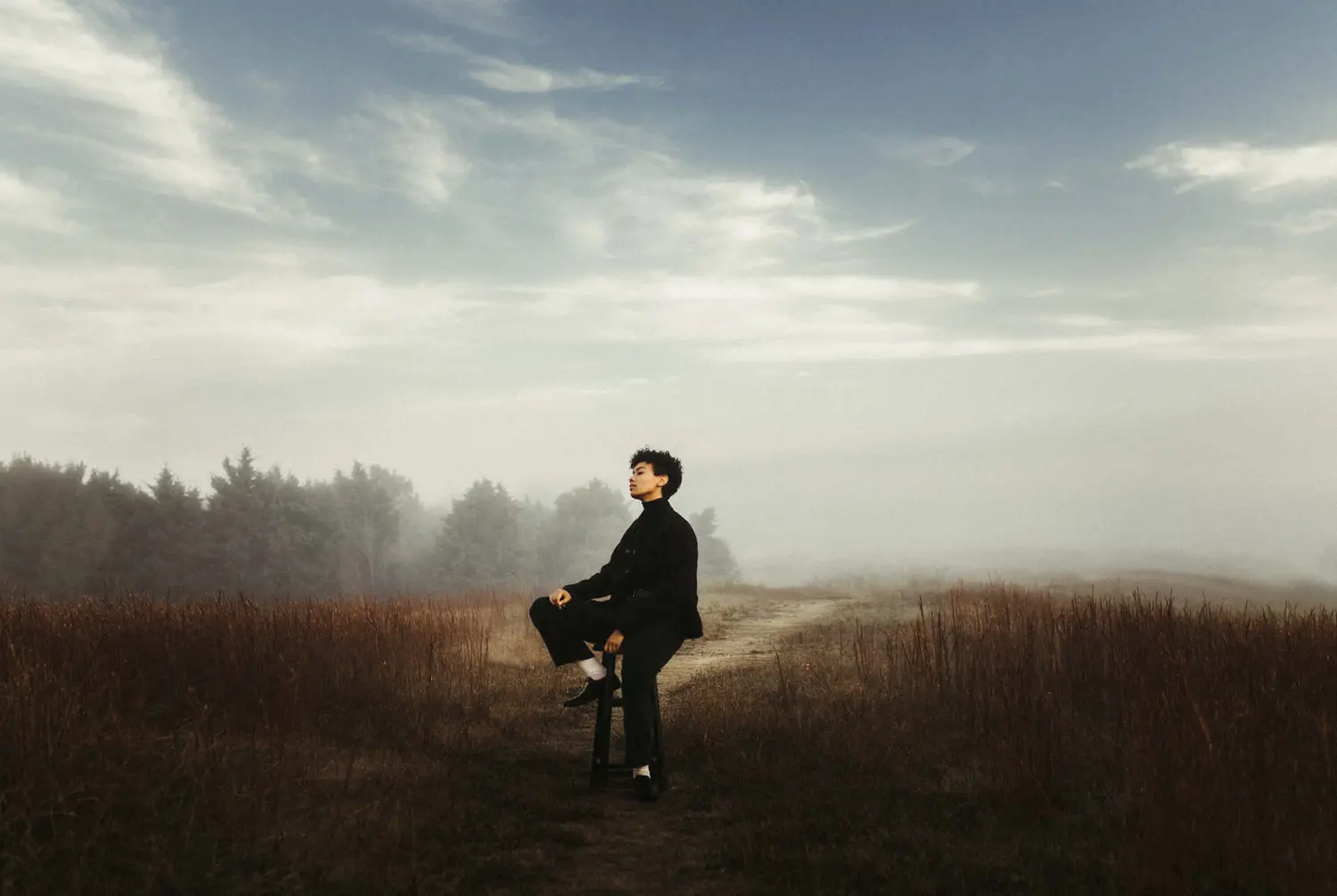 Person sitting on a stool in a misty field: A solitary figure dressed in dark clothing sits on a stool in the middle of a misty, open field. The sky is filled with soft clouds, and the fog creates an ethereal, tranquil atmosphere, with tall grass and distant trees framing the scene.